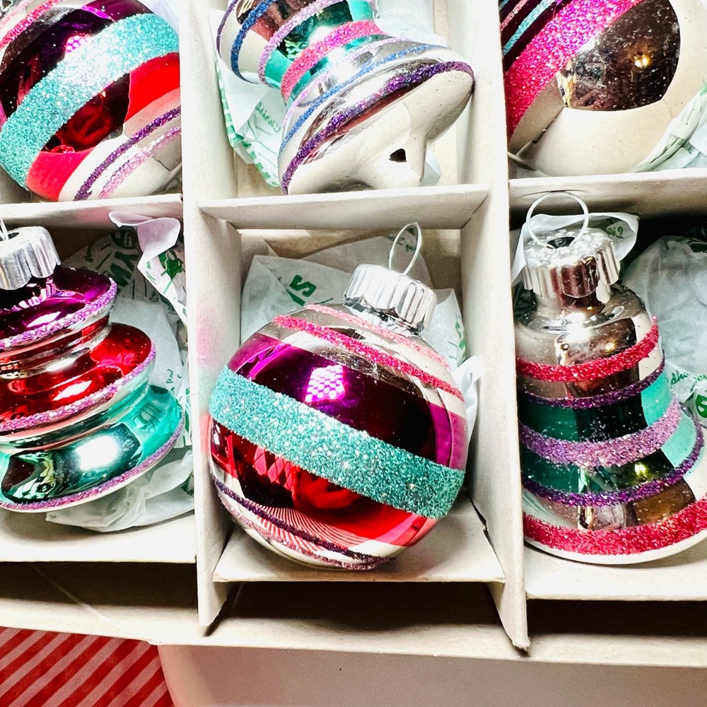 12 Radko Spools Bells Beehives Balls Glass Ornaments Pink Teal Purple Glitter - Picture 4 of 13